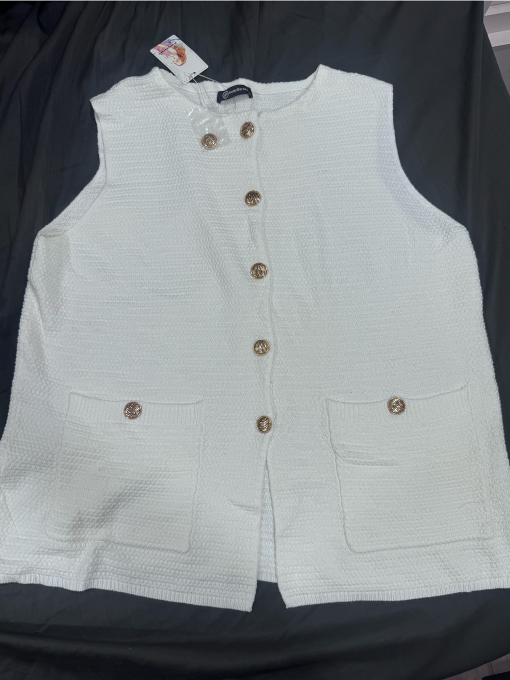 Cream Textured Button-Front Sleeveless Knit Vest